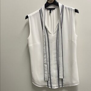 White Sleeveless Tie-Neck Blouse with Black Trim